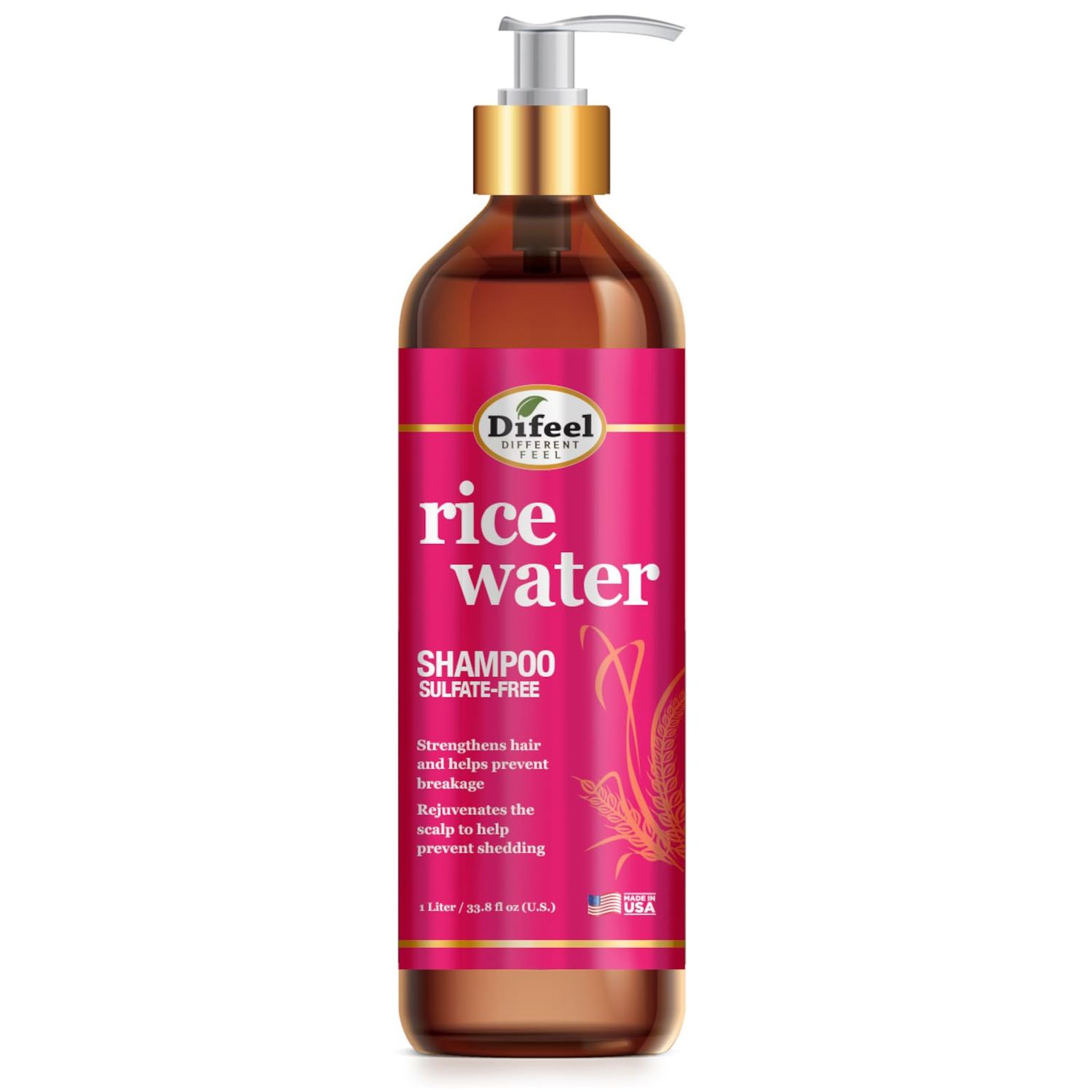 Difeel Rice Water Shampoo 33.8 oz. - Strengthening Sulfate Free Shampoo for All Hair Types