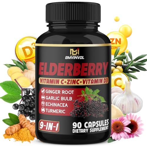 BMVINVOL Elderberry Capsules - 9 in 1 Herbal Supplement for Antioxidant Immune Support - Enhanced with Vitamin C, VIT.D3, Ginger Root - 3 Month Supply
