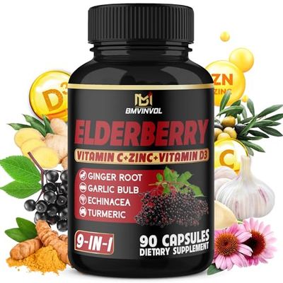 BMVINVOL Elderberry Capsules - 9 in 1 Herbal Supplement for Antioxidant Immune Support - Enhanced with Vitamin C, VIT.D3, Ginger Root - 3 Month Supply
