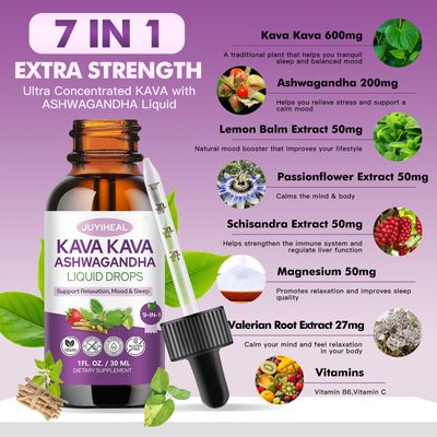 JUYIHEAL 3 Pack Kava Kava Root Extract Supplement, High Concentration Kava with Ashwagandha, Lemon Balm, Valerian Root, Magnesium for Relaxation, Cognitive Support and Immune System, 1 Fl Oz
