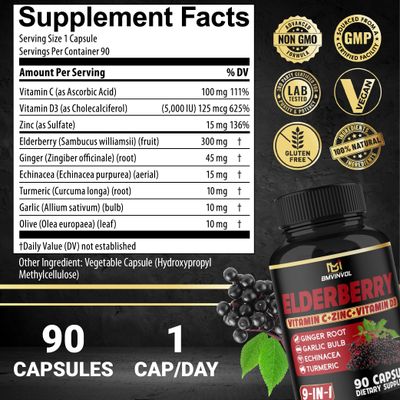 BMVINVOL Elderberry Capsules - 9 in 1 Herbal Supplement for Antioxidant Immune Support - Enhanced with Vitamin C, VIT.D3, Ginger Root - 3 Month Supply