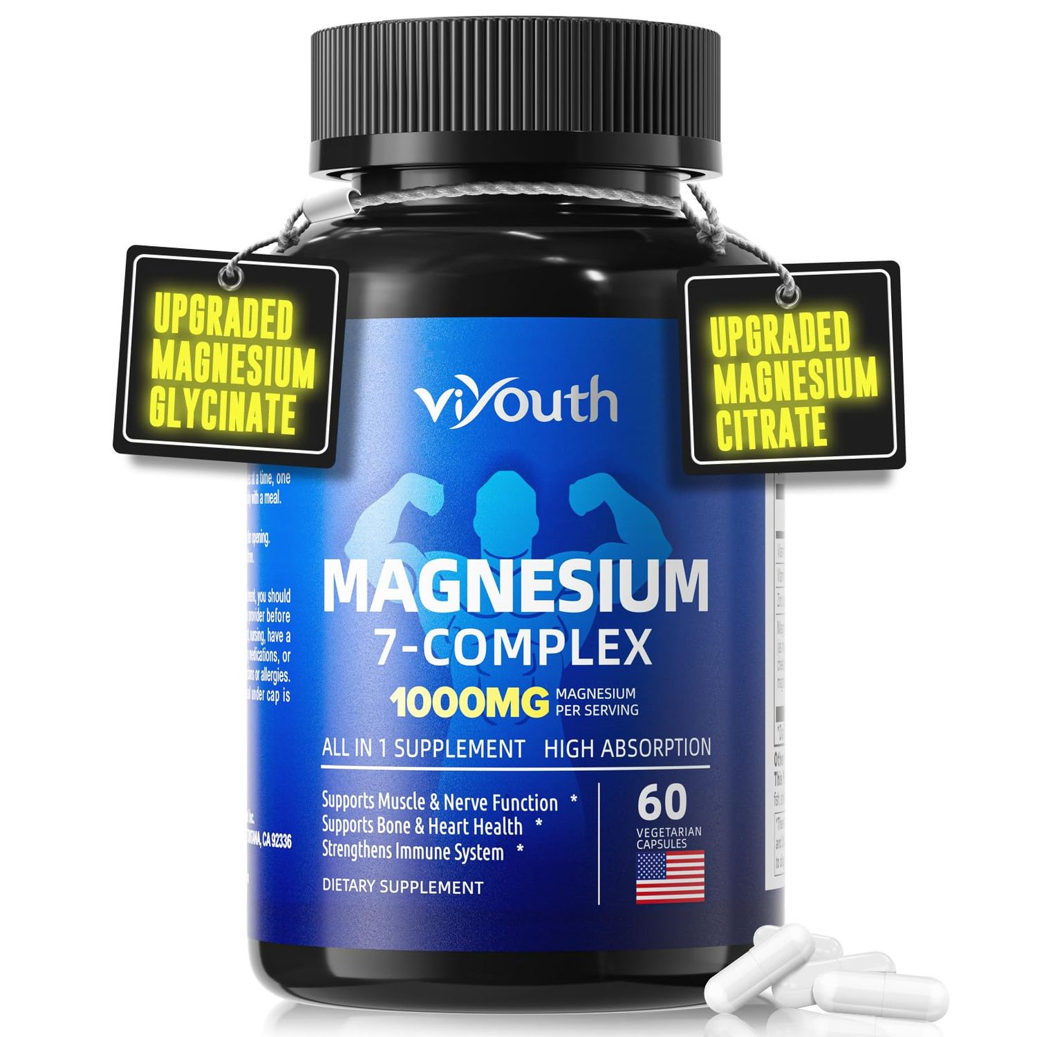 Glycinate Supplement, Magnesium 7 Complex Advanced with Citrate Malate Chelate Taurate Orotate Aspartate, Capsules with Zinc, Vitamin D3 B6 for Sleep, Muscle Relief, 60 Capsules