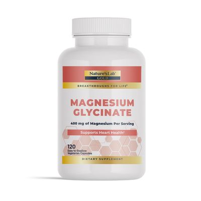 Nature s Lab Gold Magnesium Glycinate 400mg - Supports Cardiovascular Health, Muscle Nerve Function - 120 Capsules (30 Day Supply)