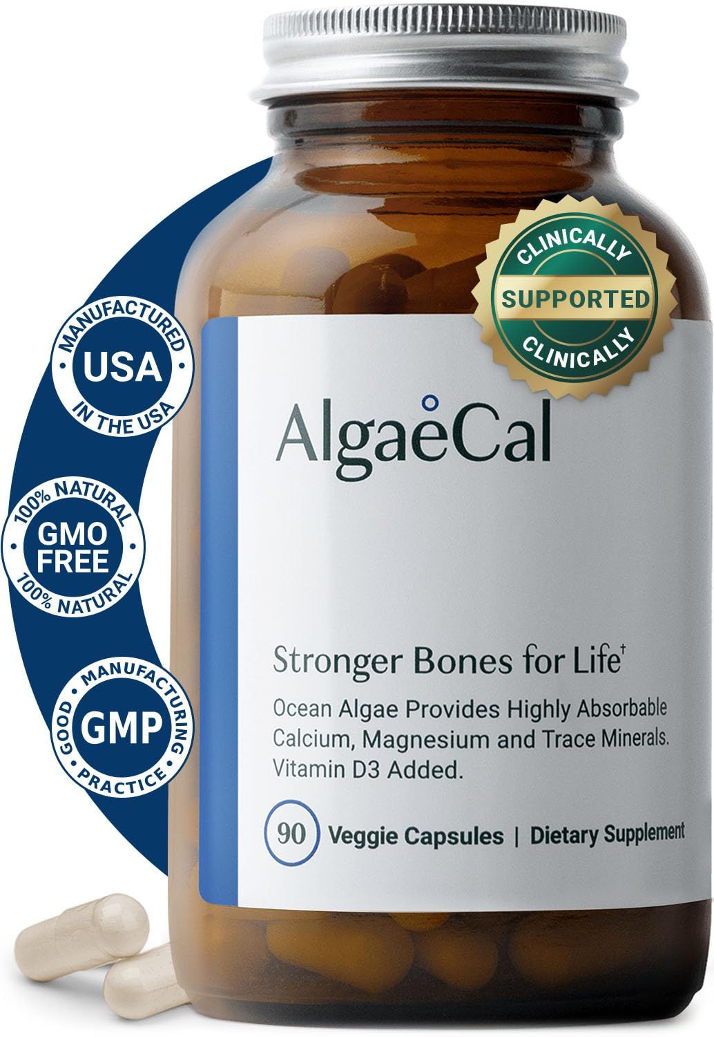 ALGAECAL- Plant Based Calcium Supplement with Vitamin D3 (1000 IU) for Bone Strength, Contains 13 Minerals Supporting Bone Health, Organic Calcium (750 mg) for Women Men, 90 Veggie Caps, Made in USA