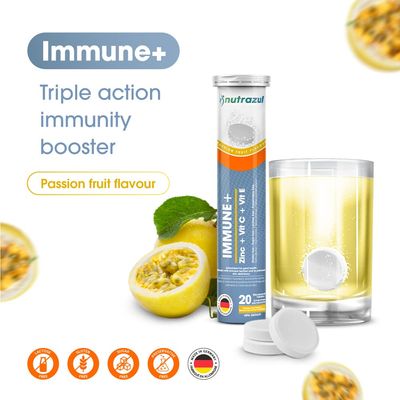 nutrazul Immune Effervescent Tablets Vitamin C and Zinc with Vitamin E 60 Tablets Immune Support for Adults Kids Ideal for Flu Season Protection Passion Fruit Flavor