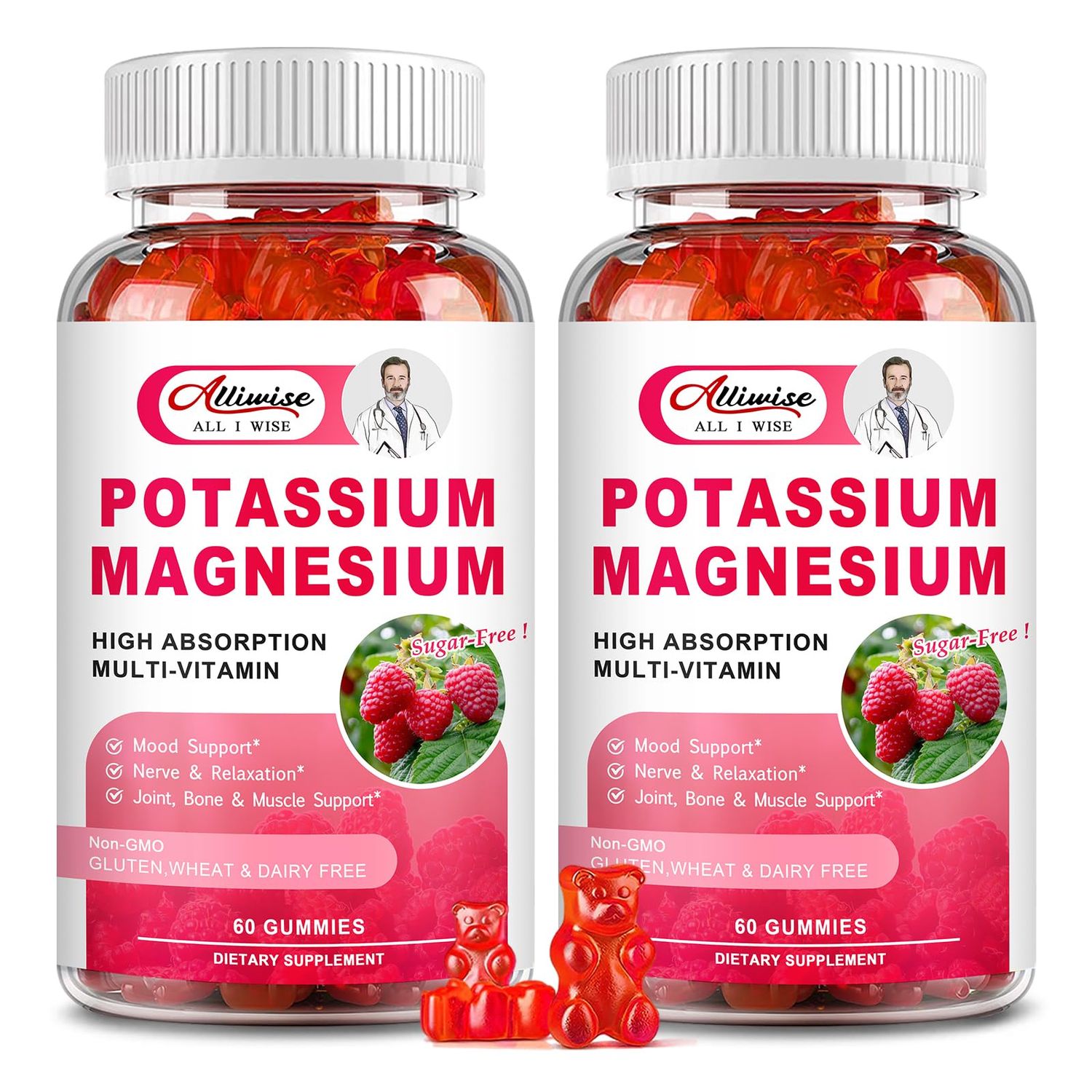 Potassium Magnesium Supplement Gummies with Potassium Citrate Magnesium Glycinate for Bone Muscle Relaxation,Mood Energy Support.High Absorption Vitamin B6, D3, C.Raspberry Flavor