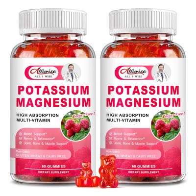 Potassium Magnesium Supplement Gummies with Potassium Citrate Magnesium Glycinate for Bone Muscle Relaxation,Mood Energy Support.High Absorption Vitamin B6, D3, C.Raspberry Flavor