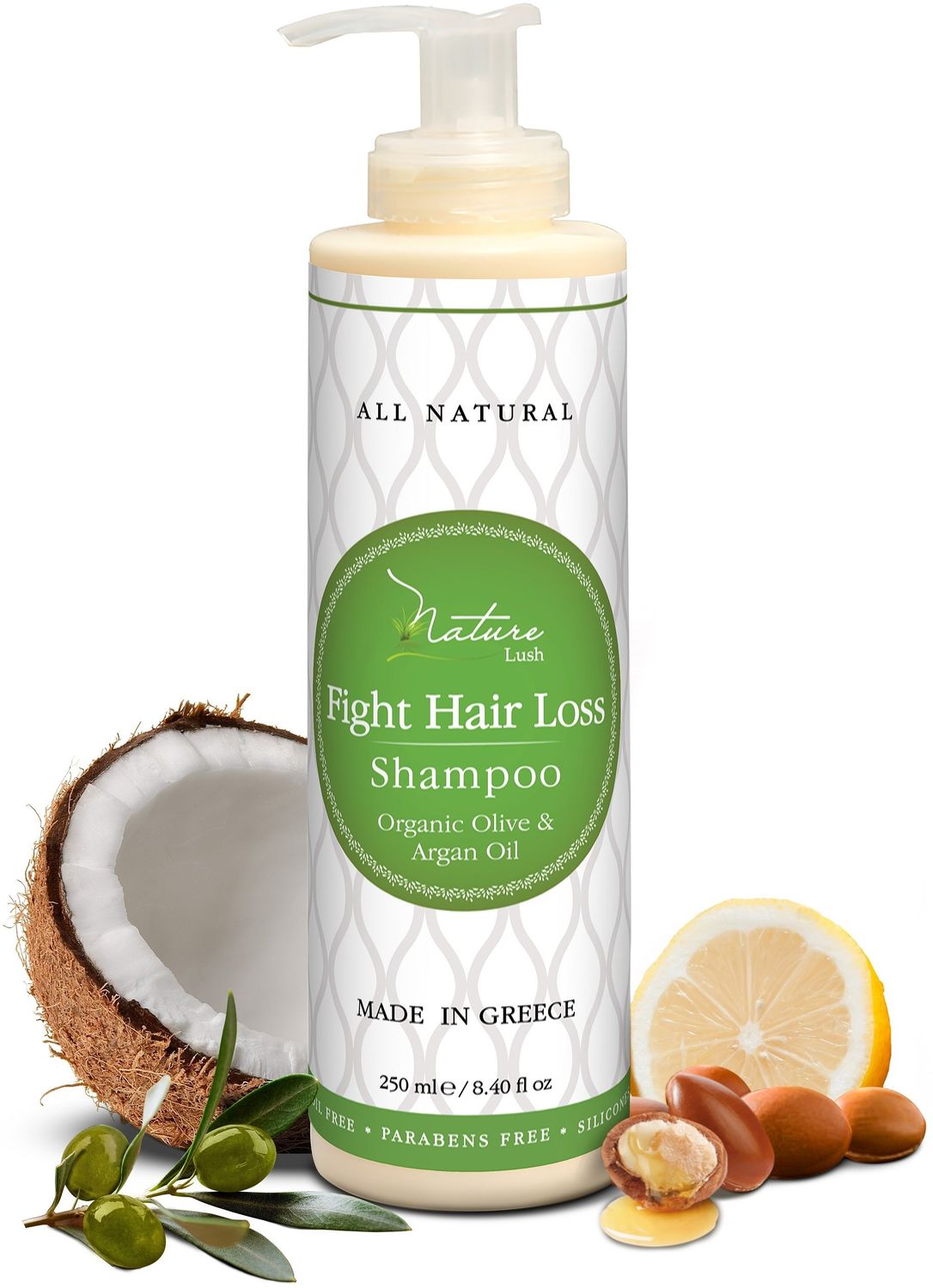Nature Lush Organic Argan Anti-Hair Loss Shampoo with Rich Vitamins - Sulfate Free Rich Saw Palmetto DHT Hair Root Treatment - For Men Women - 100 Pure, Natural - All Hair Types (250 ml)