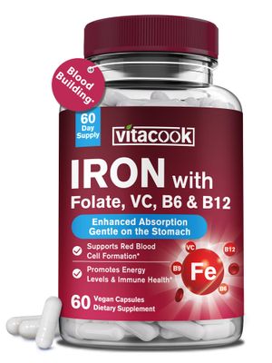 Vitacook Iron Supplement for Women Men, Iron Bisglycinate with Vitamin C, B6, B12, Folate, Stomach Friendly, Non-Constipating, Blood Health Energy Boost, 60 Vegan Caps