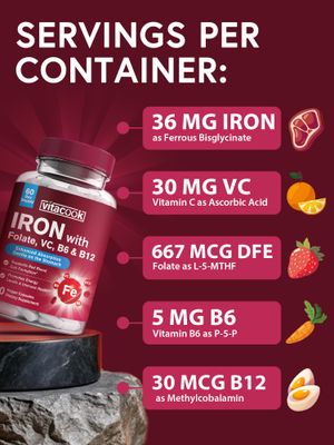 Vitacook Iron Supplement for Women Men, Iron Bisglycinate with Vitamin C, B6, B12, Folate, Stomach Friendly, Non-Constipating, Blood Health Energy Boost, 60 Vegan Caps