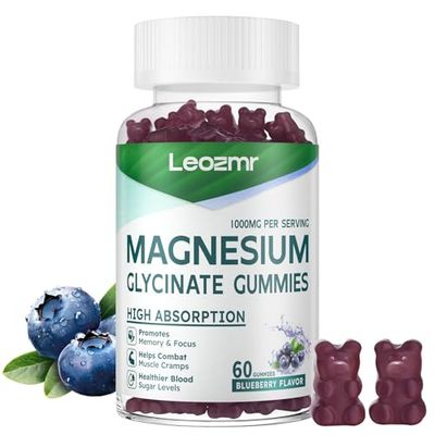 Magnesium Glycinate Gummies 1000mg - Sugar Free Magnesium Potassium Supplement with Vitamin D, B6, CoQ10 for Calm Mood Sleep Support - 60 Blueberry Gummies