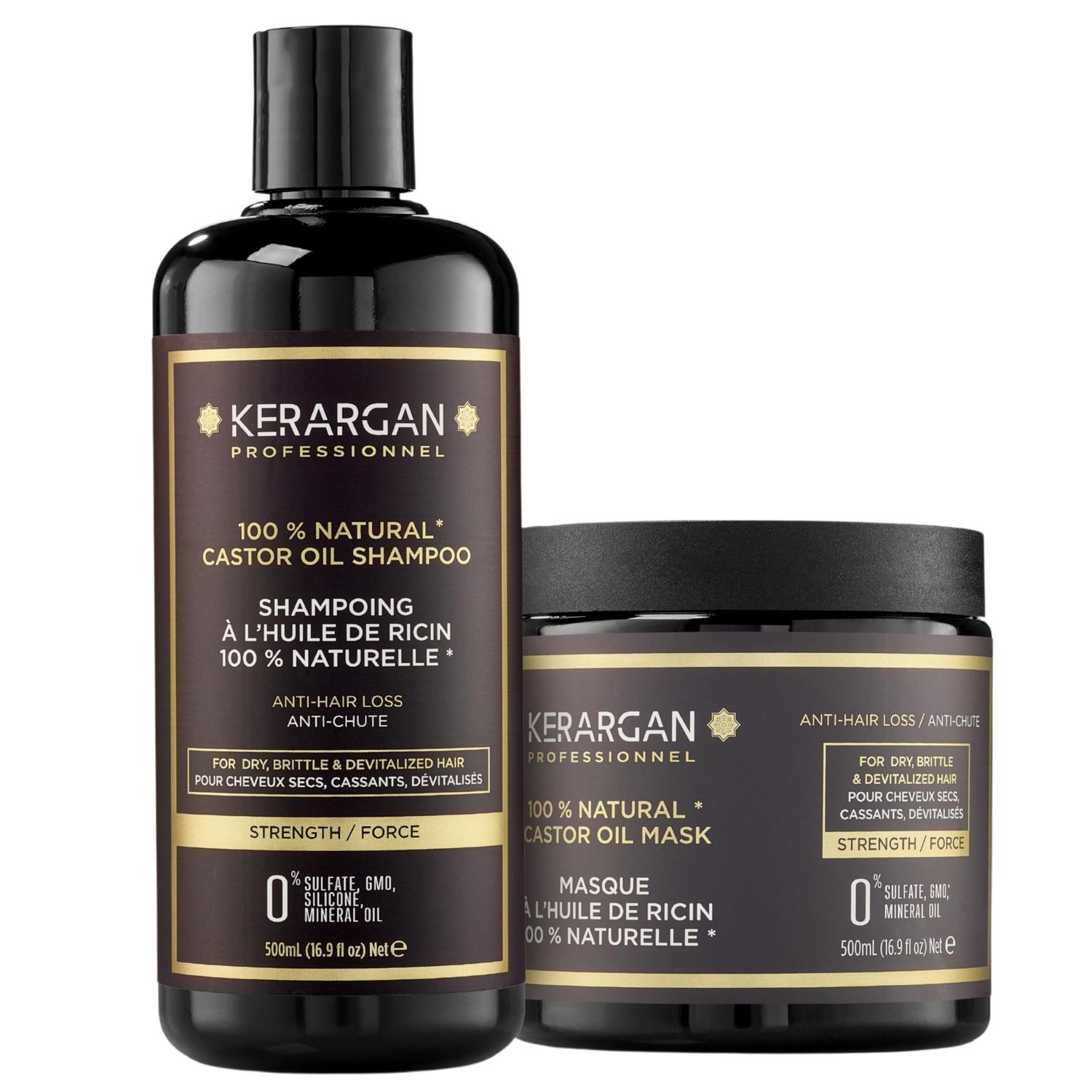 Kerargan - Anti-Hair Loss Shampoo Mask Duo with Castor Oil for Dry, Weakened, Lifeless Hair - Boosts Growth - Sulfate-Free, Silicone-Free, GMO-Free - 2x16.9 Fl oz
