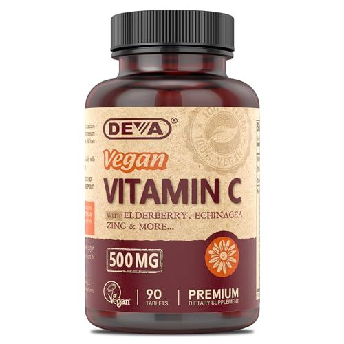 DEVA Vegan Vitamin C, 500 MG with Elderberry, Echinacea, Zinc More, Vegan No Animal Ingredients, 90 Tablets, 1-Pack