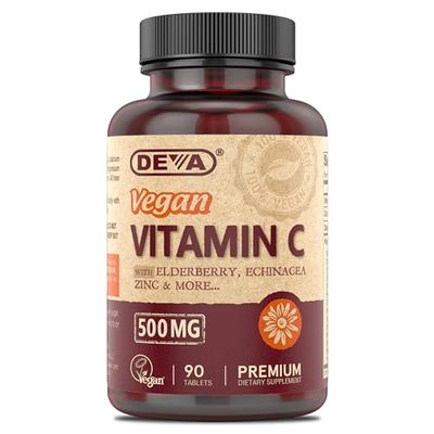 DEVA Vegan Vitamin C, 500 MG with Elderberry, Echinacea, Zinc More, Vegan No Animal Ingredients, 90 Tablets, 1-Pack