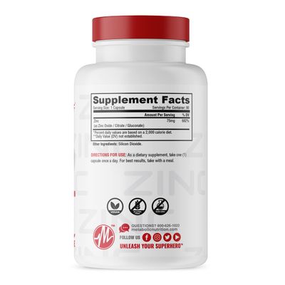 Zinc Supplement by Metabolic Nutrition, 75mg, 90 Zinc Capsules, Supports Immune System Function wZinc Oxide