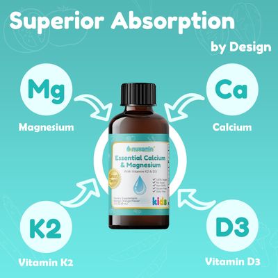 Nuvamin - Liquid Calcium Magnesium Drops for Baby, Toddlers, Kids, Adults, 2Fl.Oz (60ml), 30 Daily Servings. Great Taste - All Natural - Vegan - Superior Absorption