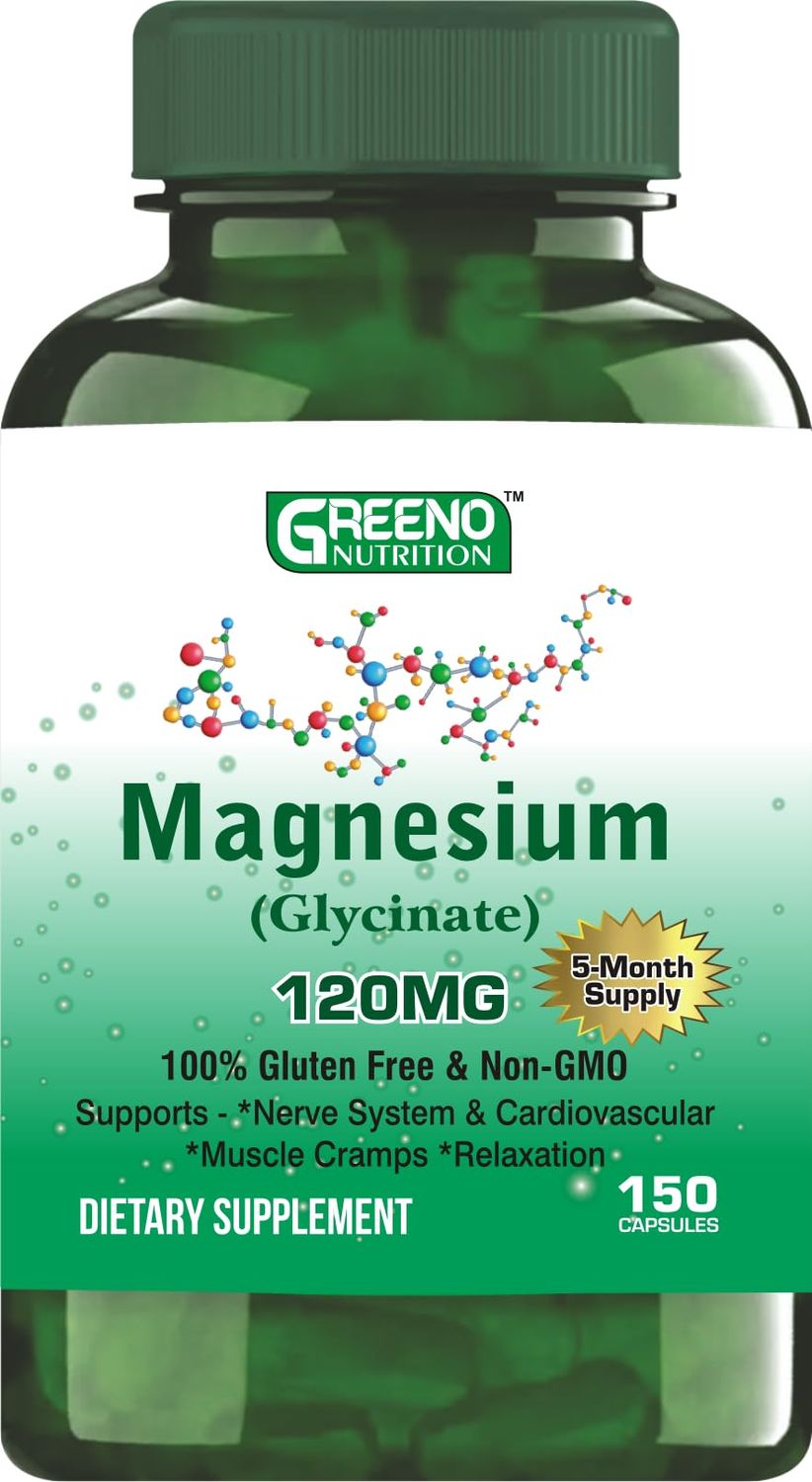 GREENO NUTRITION Magnesium (Glycinate) 120 MG Supplement, Supports Stress Relief, Sleep, Heart Health, Nerves, Muscles, Metabolism, 150 Capsules (5 Months Supply)