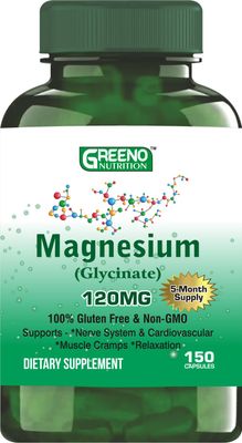 GREENO NUTRITION Magnesium (Glycinate) 120 MG Supplement, Supports Stress Relief, Sleep, Heart Health, Nerves, Muscles, Metabolism, 150 Capsules (5 Months Supply)
