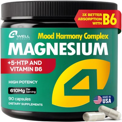 Advanced Magnesium Complex 610Mg - Magnesium Glycinate Citrate with Vitamin B6 for 3X Absorption 5-HTP - for Nerves, Bones, Muscles Health Energy Support - Vegan - Non-GMO - 90 Capsules
