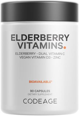 Codeage Elderberry Vitamins - Organic Fermented Elderberry Blend, Vitamin C from Ascorbic Acid Organic Acerola Cherries, Vitamin D3, Zinc, Elderberry Fruit Pills, Sambucus Berries - 90 Capsules