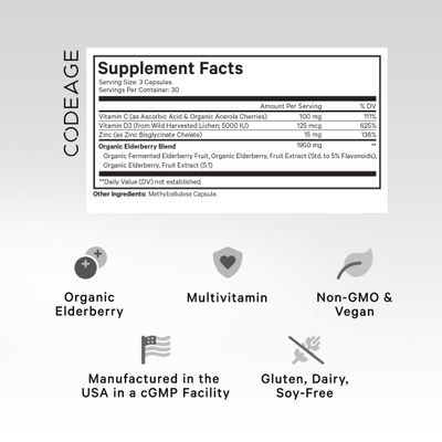 Codeage Elderberry Vitamins - Organic Fermented Elderberry Blend, Vitamin C from Ascorbic Acid Organic Acerola Cherries, Vitamin D3, Zinc, Elderberry Fruit Pills, Sambucus Berries - 90 Capsules