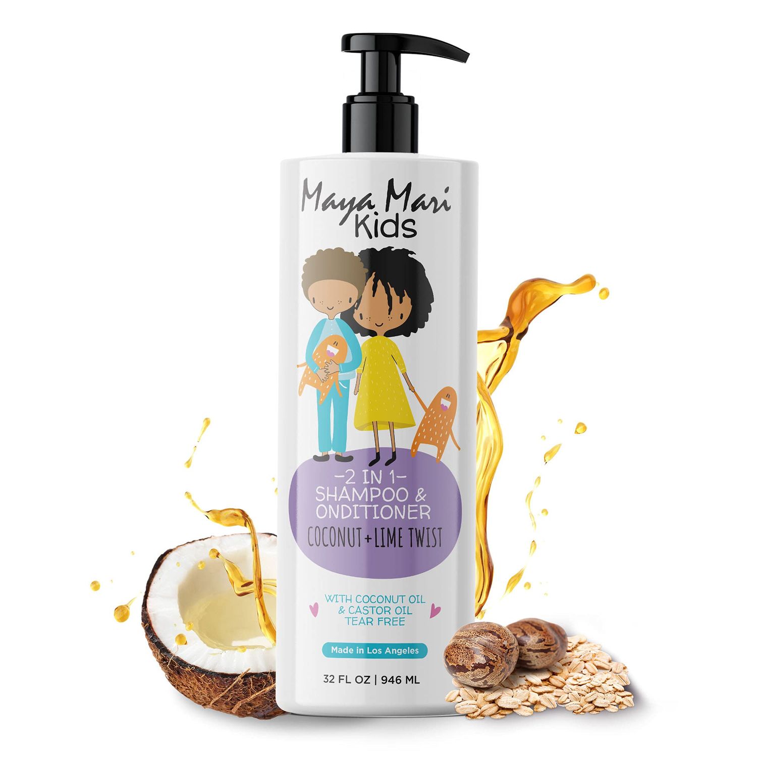 MAYA MARI 2 in 1 Natural Kids Shampoo and Conditioner, Tear Free For Toddlers with Curly Hair For All Kids Hair Types Coconut Lime Twist, Made in the USA, 32 Fl Oz