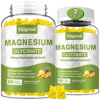 2 Pack Magnesium Glycinate Gummies 600mg, Relaxation Zzz Support, Magnesium Potassium Supplement for Adults and Kids Sugar-Free, Vitamin C B6 B12 D3 and CoQ10, Pineapple Flavor, 120 Count