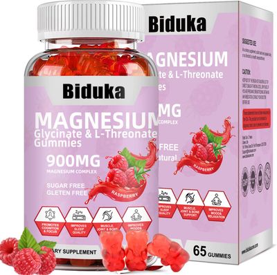 Biduka 900mg Magnesium Complex 65 Raspberry Gummies, Sugar Free Magnesium Glycinate L-Threonate Potassium Supplement with Vitamin D, B6, CoQ10 for Relaxation
