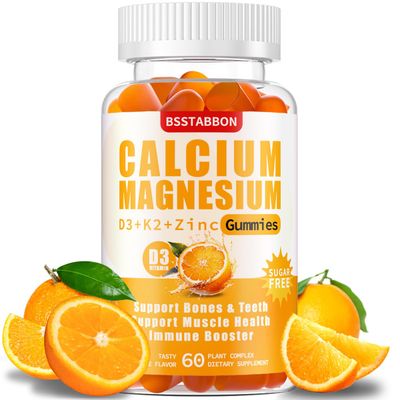 BSSTABBON Calcium Magnesium Zinc Gummies for Adult: with Vitamin D3 K2 for Women Men Organic Sugar Free Vegan Chewable Gummy - High Absorption for Immune Strength(60 Count)