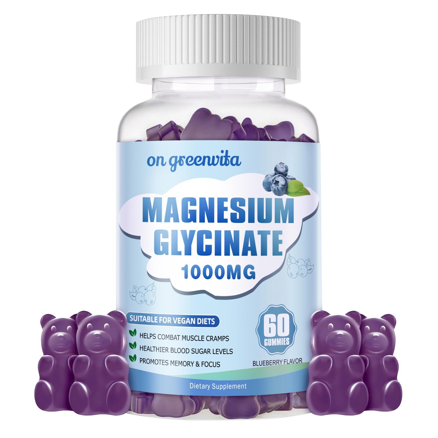 Magnesium Glycinate Gummies 1000mg - Sugar Free Magnesium Potassium Supplement with Vitamin D, B6, CoQ10 for Calm Mood Sleep Support - 60 Blueberry Gummies