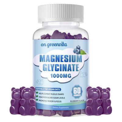 Magnesium Glycinate Gummies 1000mg - Sugar Free Magnesium Potassium Supplement with Vitamin D, B6, CoQ10 for Calm Mood Sleep Support - 60 Blueberry Gummies