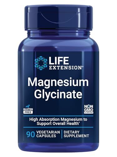 Life Extension Magnesium Glycinate, Heart Health, Bone Health, Nerve and Muscle Support, Highly absorbable, Gluten-Free, Non-GMO, Vegetarian, 90 Capsules