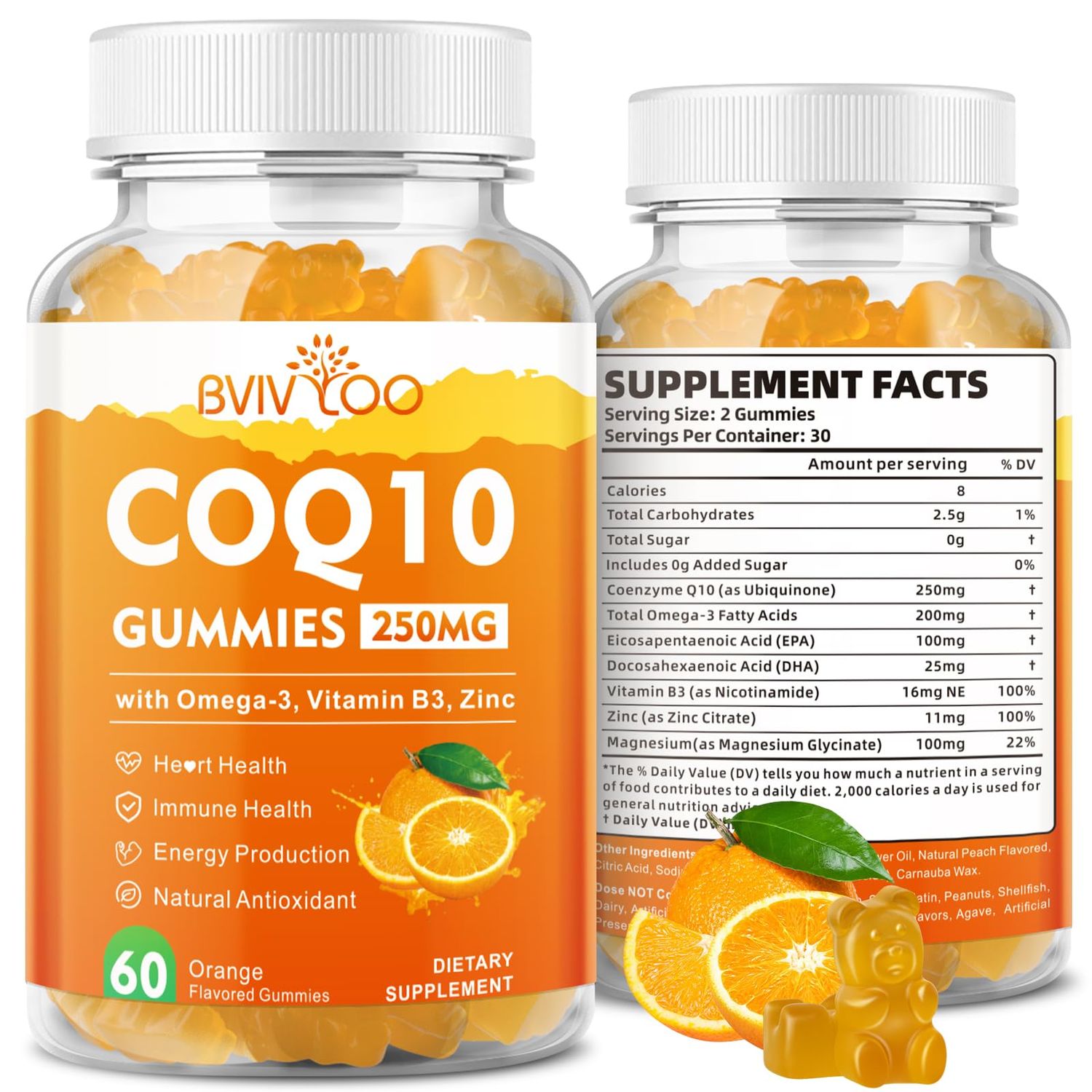 CoQ10 Gummies 250mg, Plus Omega-3, Vitamin B3 Zinc, Magnesium - High Absorption Coenzyme Q10 Supplements for Heart Health, Cellular Energy, Antioxidant Support, 60 Count