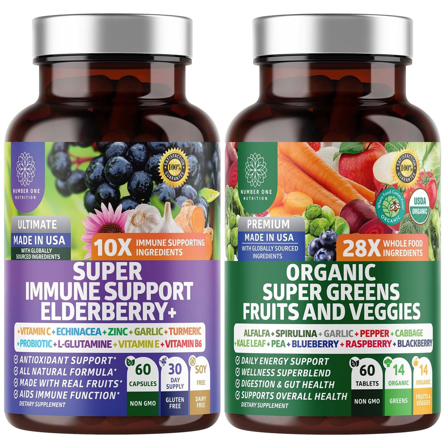 N1N Premium Organic Super Fruits Veggies Immune Support 38 Powerful Ingredients, Natural Super Greens Supplement with Alfalfa, Vitamins Minerals, Zinc, Turmeric and Probiotic, 120 Caps