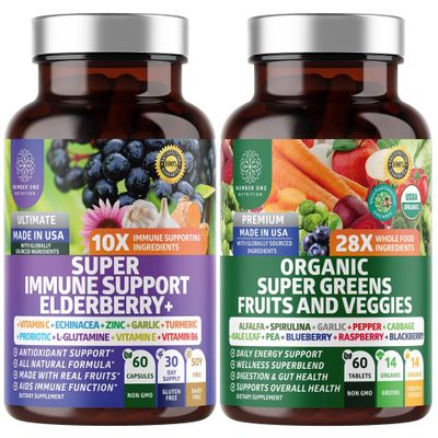 N1N Premium Organic Super Fruits Veggies Immune Support 38 Powerful Ingredients, Natural Super Greens Supplement with Alfalfa, Vitamins Minerals, Zinc, Turmeric and Probiotic, 120 Caps