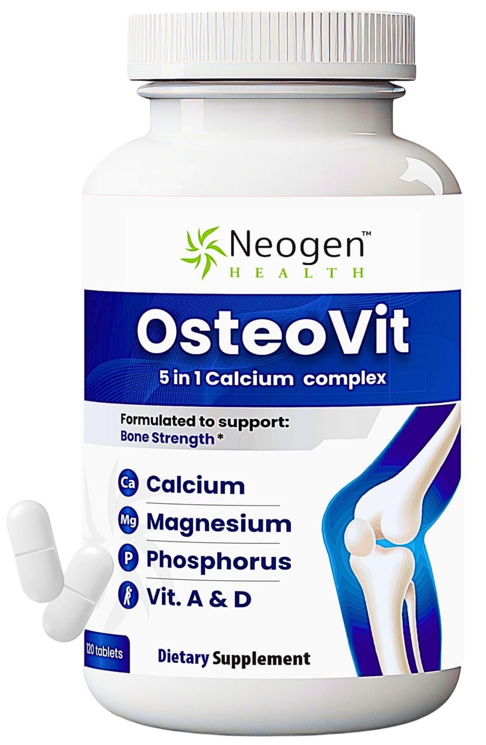 OsteoVit 5-in-1 Calcium 120 tabs Multivitamin: Calcium, Magnesium, Phosphorus, Vitamin D3 A - Bone Strength Flexibility, Non-GMO Gluten Free Calcium Supplement for Women Men with Vitamin D