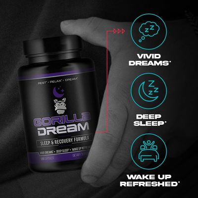 Gorilla Mind Dream Sleep Supplement (120 Capsules) - Nootropic Infused Comprehensive Sleep Recovery Supplement - GABA, Melatonin, Valerian Root, Magnesium, L-Theanine, Sensoril, Ashwagandha More