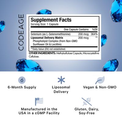 Codeage Selenium 200 mcg Supplement, 6-Month Supply, Immune Support, Mineral Cofactor Selenomethionine, Phospholipids, Vegan, Liposomal Delivery, 180 Capsules