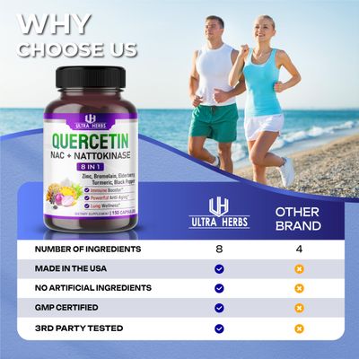 Quercetin Supplement with Bromelain, Vitamin C and Zinc, Nattokinase, NAC, Elderberry, Elderberry 8 in 1 Ultra Antioxidant Complex for Immune Health 150 Capsules