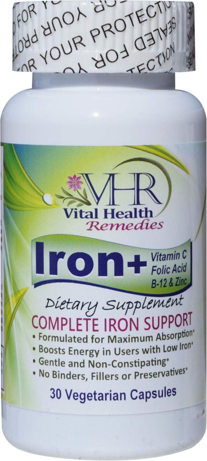 Iron with Vitamin C, FOLIC Acid, B-12 ZINC Preservative-Free, Gentle and Non-constipating Formulated for Maximum Absorption. 30 Veggie caps - Vital Health Remedies