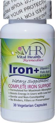 Iron with Vitamin C, FOLIC Acid, B-12 ZINC Preservative-Free, Gentle and Non-constipating Formulated for Maximum Absorption. 30 Veggie caps - Vital Health Remedies