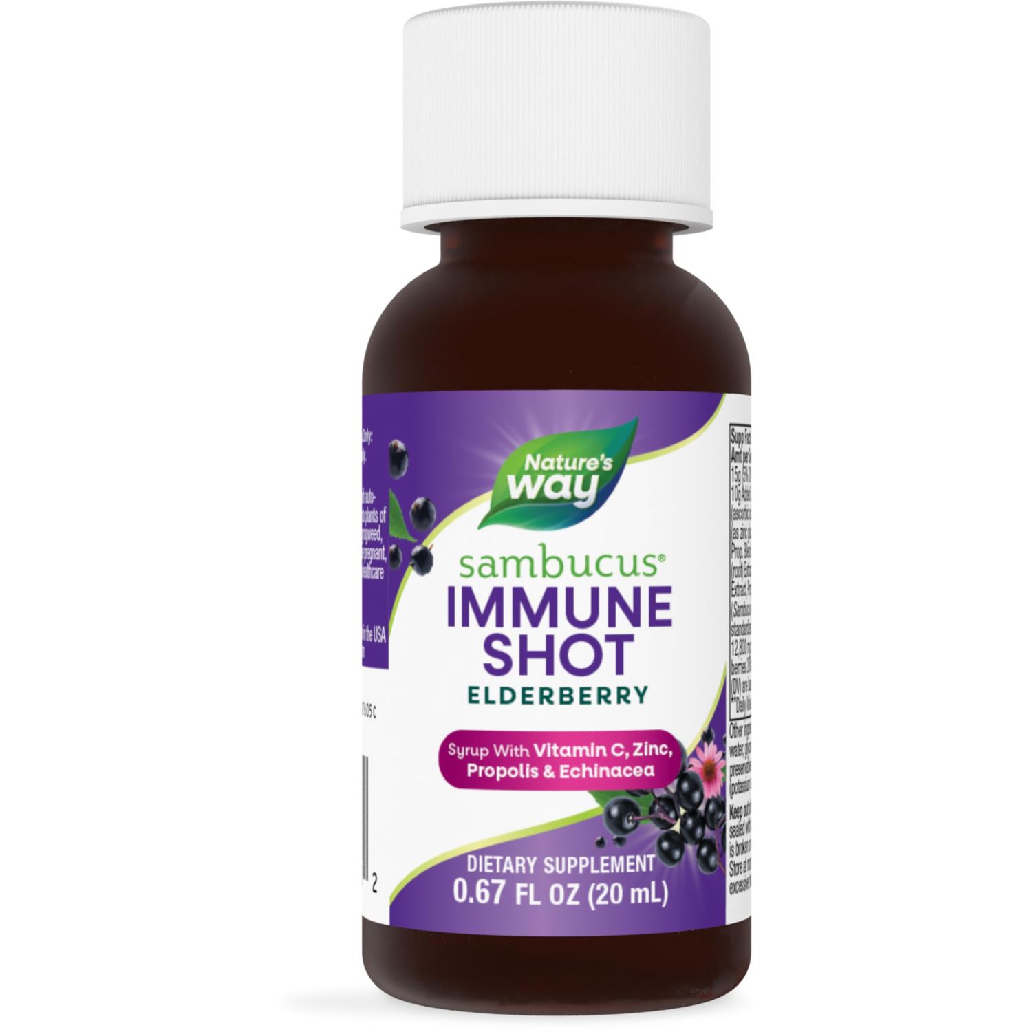 Nature&#39;s Way Sambucus Immune Syrup Single Shot, Daily Immune Support, Elderberry, Vitamin C, Zinc, 0.67 Fl Oz x 12 (Packaging May Vary)