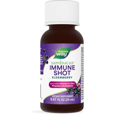 Nature&#39;s Way Sambucus Immune Syrup Single Shot, Daily Immune Support, Elderberry, Vitamin C, Zinc, 0.67 Fl Oz x 12 (Packaging May Vary)
