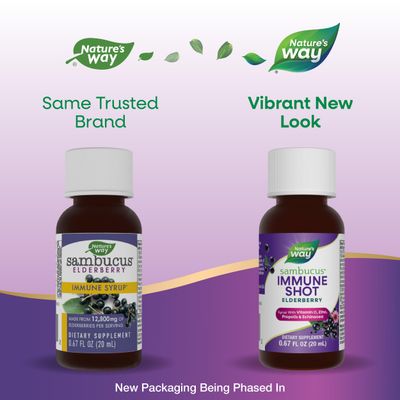 Nature's Way Sambucus Immune Syrup Single Shot, Daily Immune Support, Elderberry, Vitamin C, Zinc, 0.67 Fl Oz x 12 (Packaging May Vary)