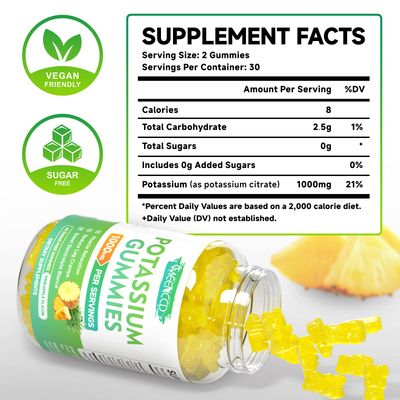 Potassium Citrate Gummies 1000mg, High Potency Potassium Supplement Gummies for Adults Women Men, Support Leg Cramps Muscle Health, Sugar-Free, Pineapple Flavor, 60 Count
