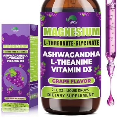VPKIN Magnesium L-Threonate Liquid,Ashwagandha with Magnesium Glycinate for Sleep,L-Theanine and Vitamin D3,Support Mind Immune,Grape Flavor-2 Fl Oz