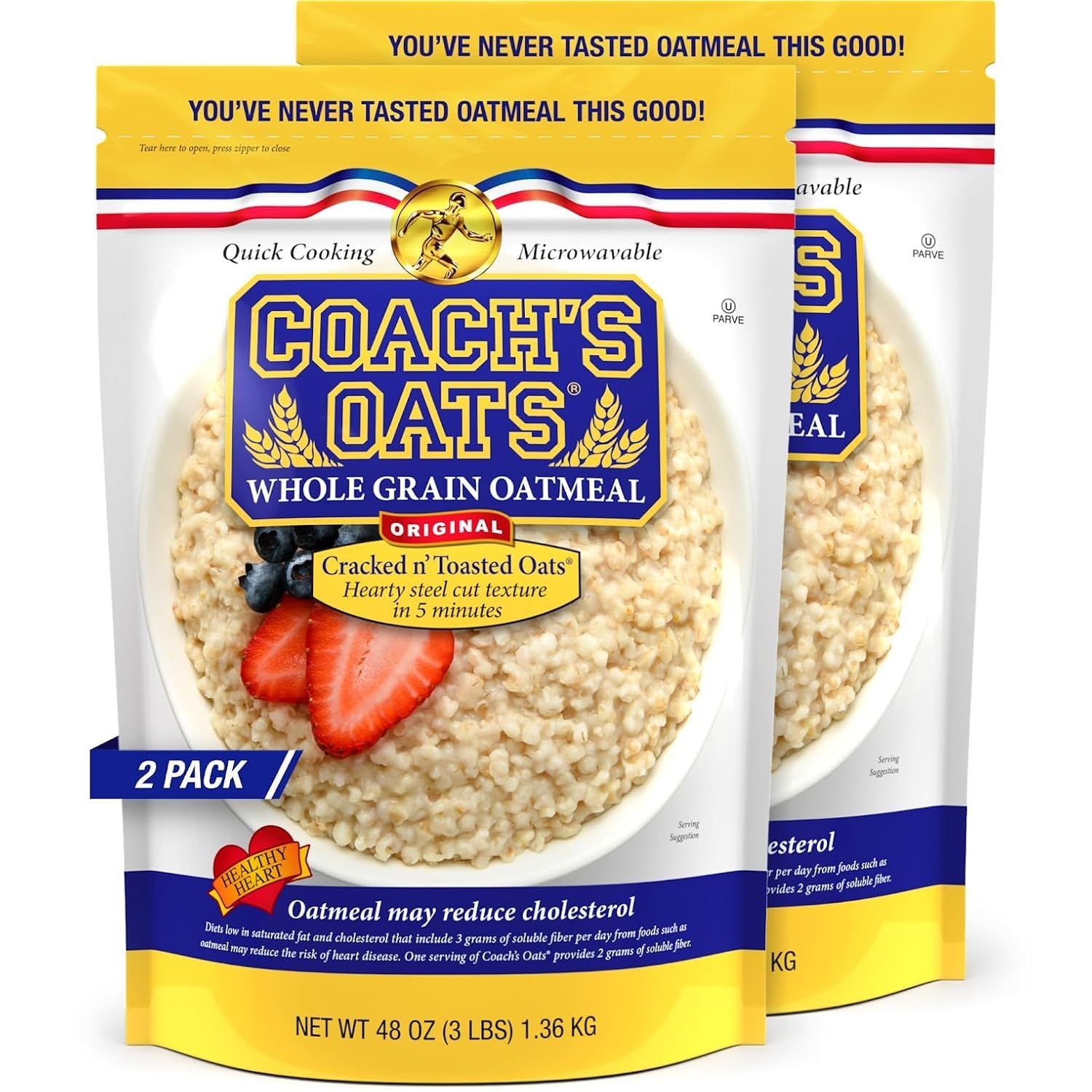 Coach&#39;s Oats Whole Grain Oatmeal 3 lbs (48 oz) Pack of 2 Steel Cut Texture, Ready in 3 to 5 Minutes Enjoy the Perfect Start to Your Day