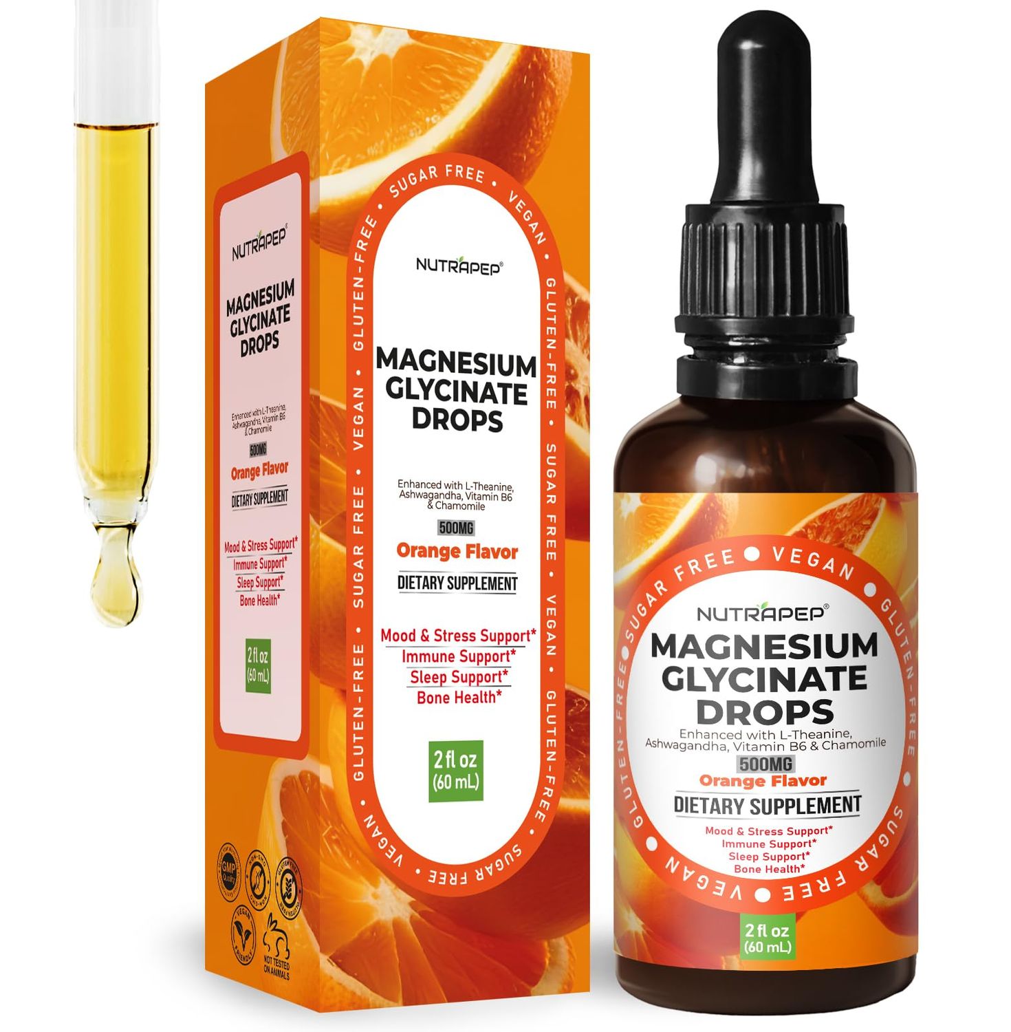 Liquid Magnesium Glycinate Drops Supplement - 500mg Cortisol Complex with L-Theanine Ashwagandha Vitamin B6 Chamomile - Wellness Sleep Stress Mood Support for Adults Men Women