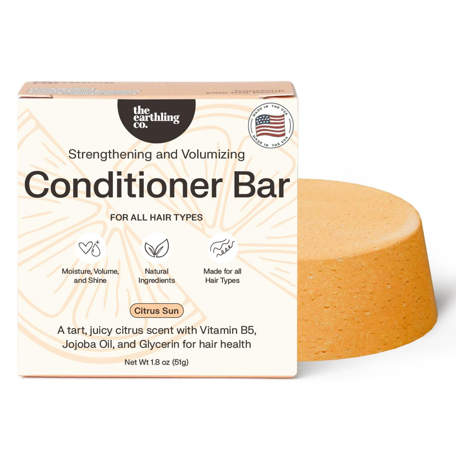The Earthling Co. Conditioner Bar - Promote Hair Growth, Strengthen Moisturize All Hair Types - Paraben Sulfate Free formula with Natural Ingredients for Dry Hair (Citrus Sun, 1.8 oz)