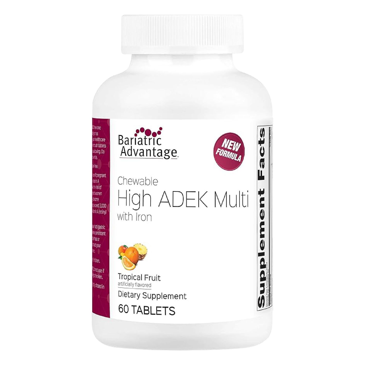 Bariatric Advantage Chewable High ADEK with Iron - for Bariatric Patients - High Potency Vitamin A, D, E K - Includes B-Vitamins - Chewable Multivitamins - Tropical Fruit - 60 Tablets